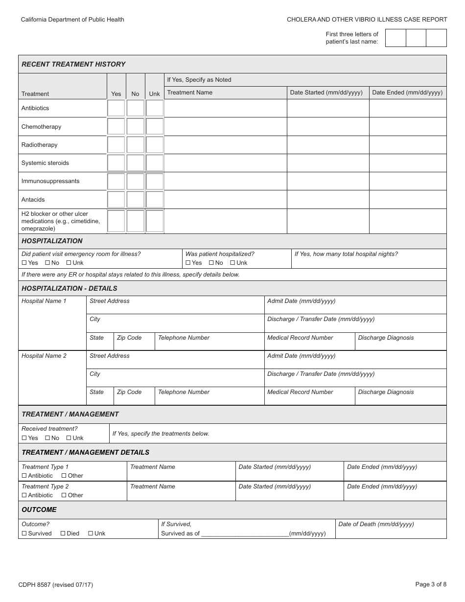 Form CDPH8587 Cholera and Other Vibrio Illness Case Report - California, Page 3