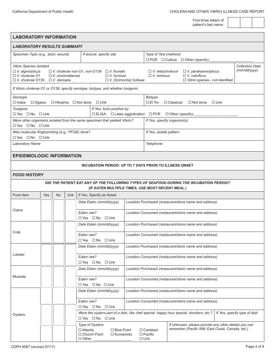 Form CDPH8587 Cholera and Other Vibrio Illness Case Report - California, Page 4