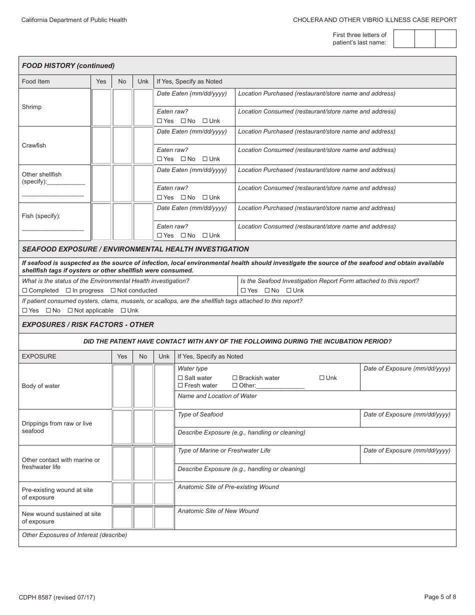 Form CDPH8587 Cholera and Other Vibrio Illness Case Report - California, Page 5