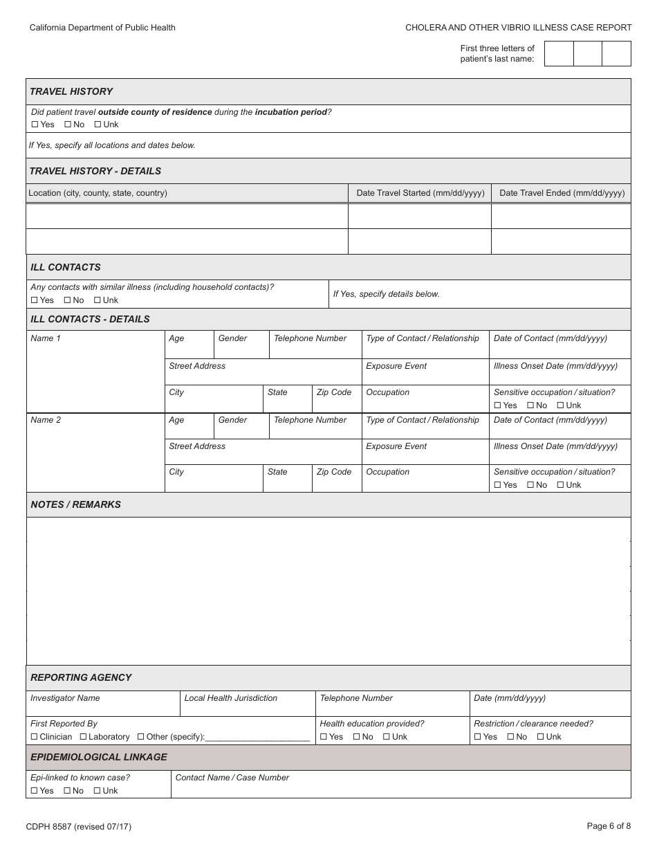 Form CDPH8587 Cholera and Other Vibrio Illness Case Report - California, Page 6
