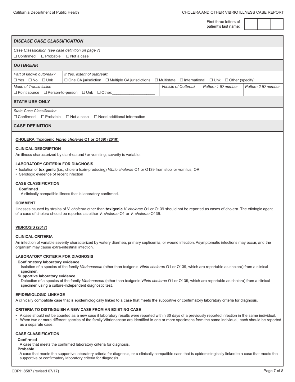 Form CDPH8587 Cholera and Other Vibrio Illness Case Report - California, Page 7