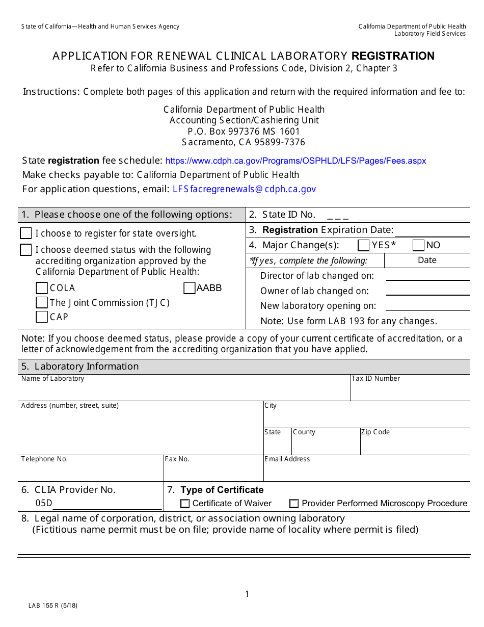 Form LAB155 R Application for Renewal Clinic Laboratory Registration - California, Page 1