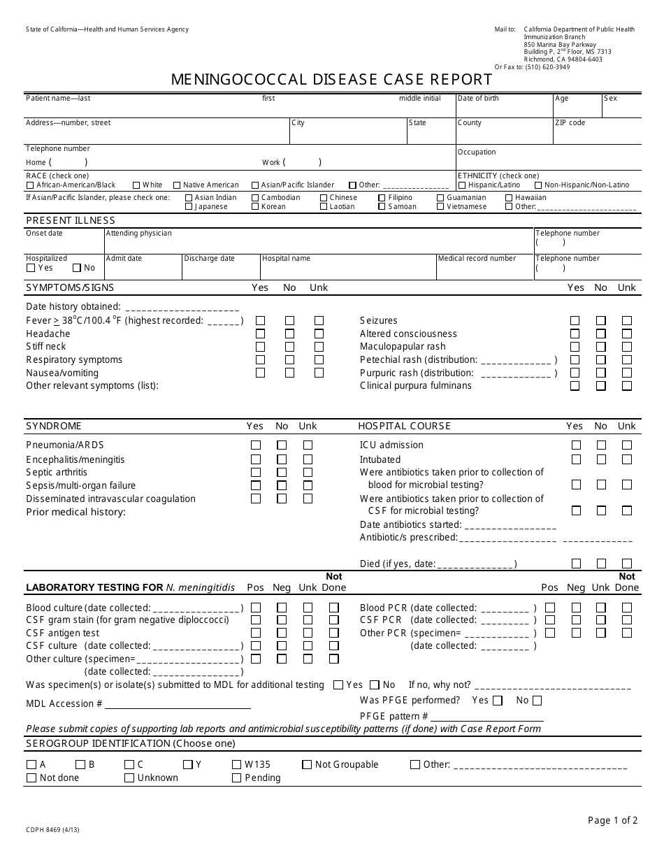 Form CDPH8469 Meningococcal Disease Case Report - California, Page 1