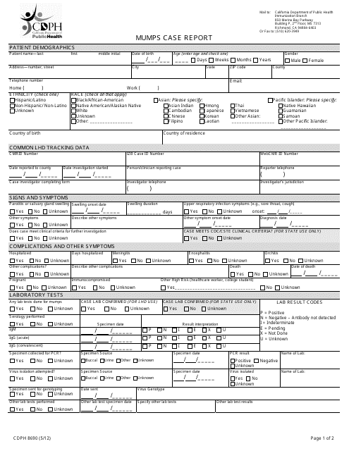 Form CDPH8690 Mumps Case Report - California