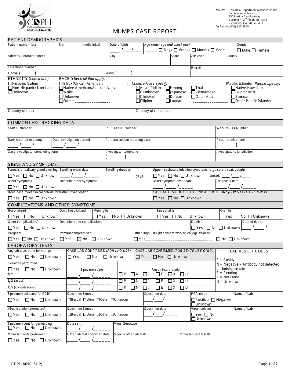 Form CDPH8690 Mumps Case Report - California, Page 1