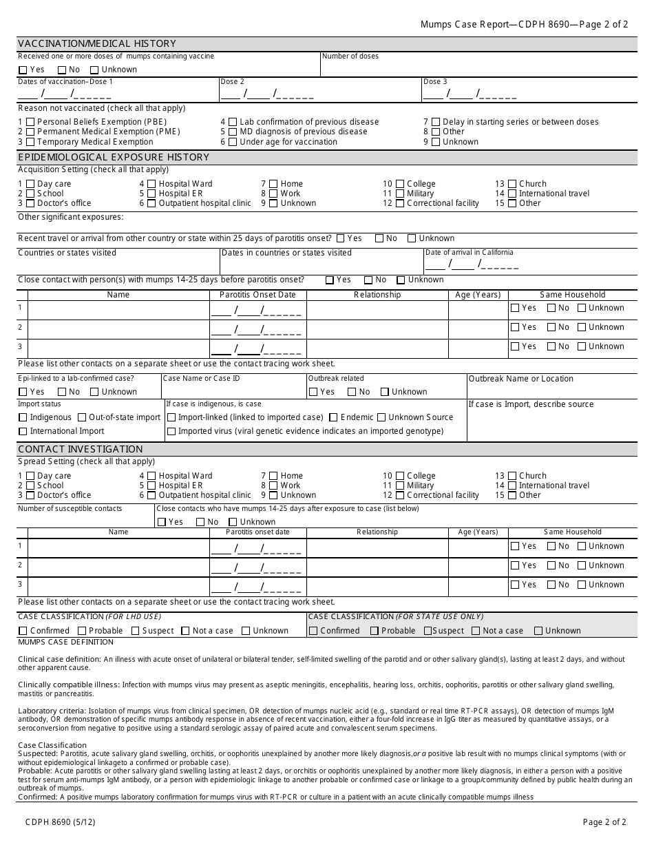 Form CDPH8690 Mumps Case Report - California, Page 2