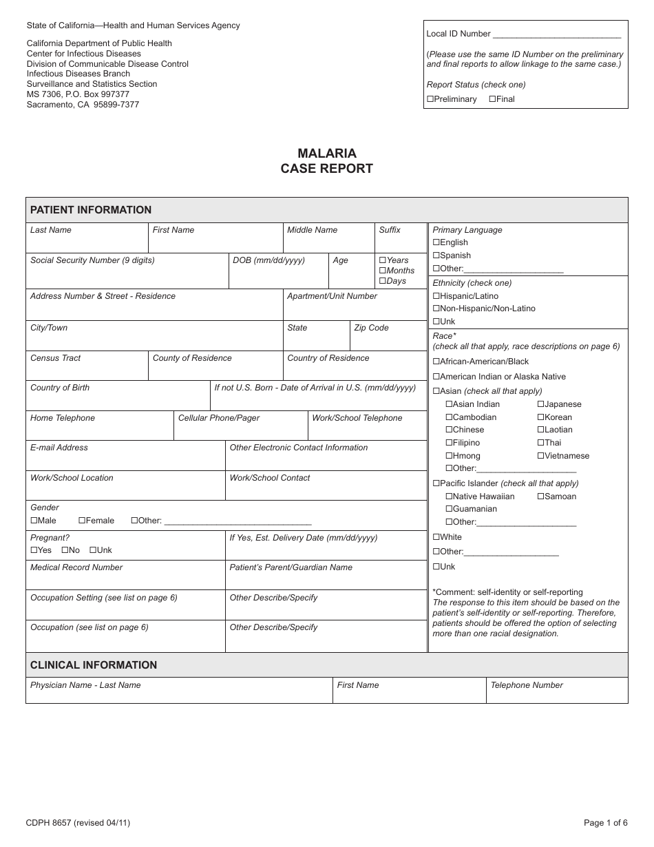 Form CDPH8657 Malaria Case Report - California, Page 1
