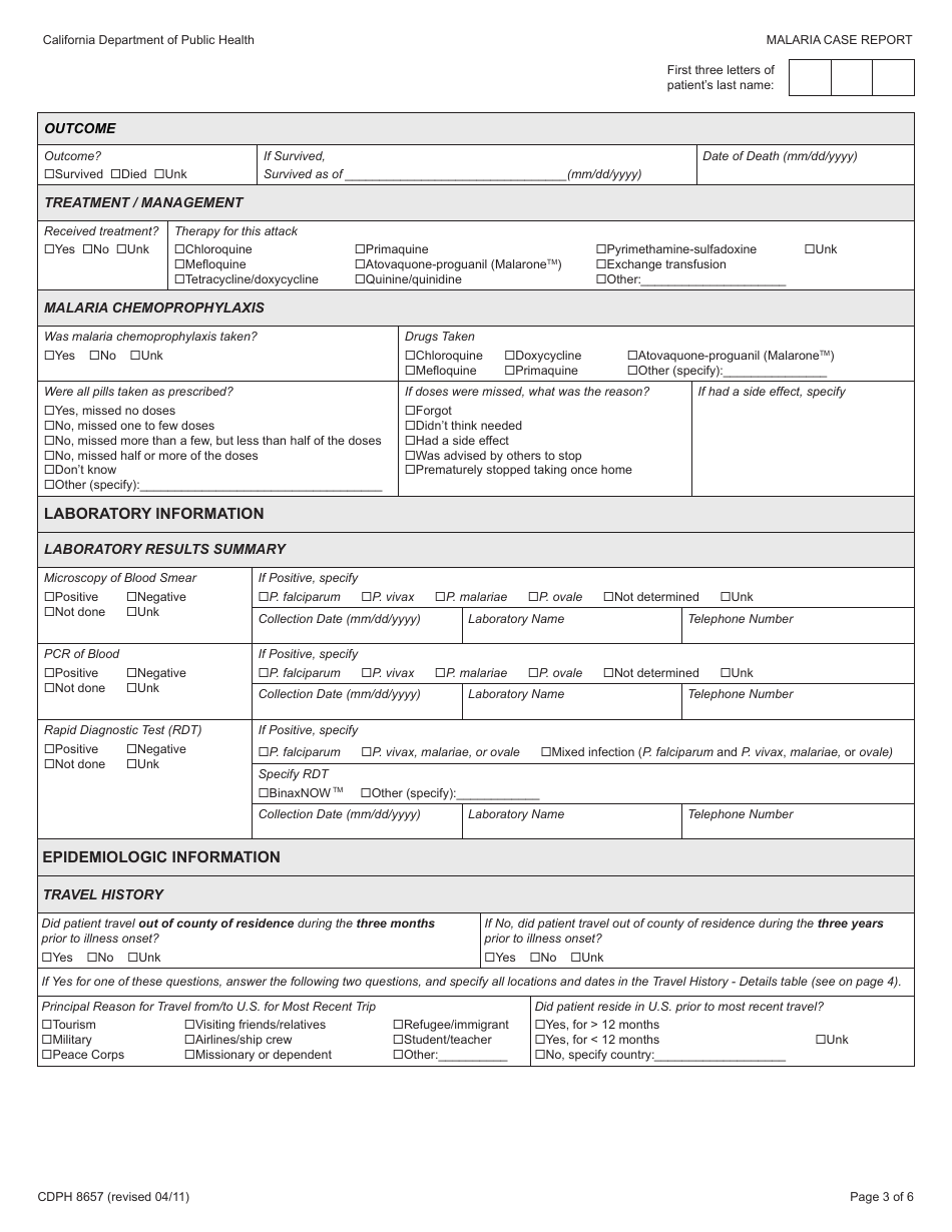 Form CDPH8657 Malaria Case Report - California, Page 3