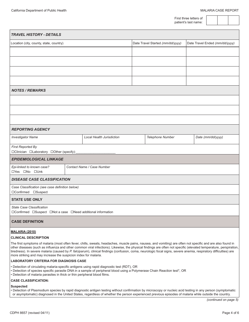 Form CDPH8657 Malaria Case Report - California, Page 4
