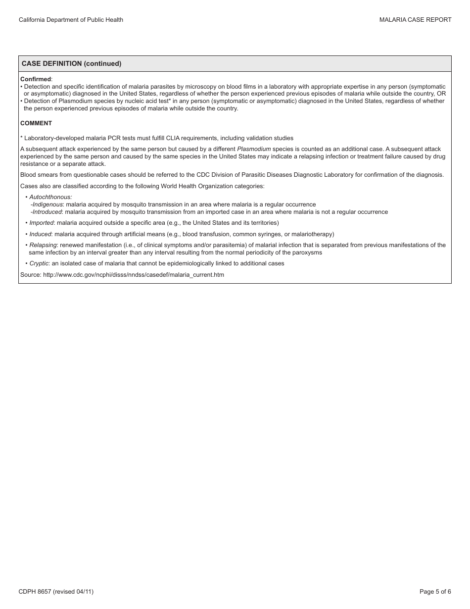 Form CDPH8657 Malaria Case Report - California, Page 5
