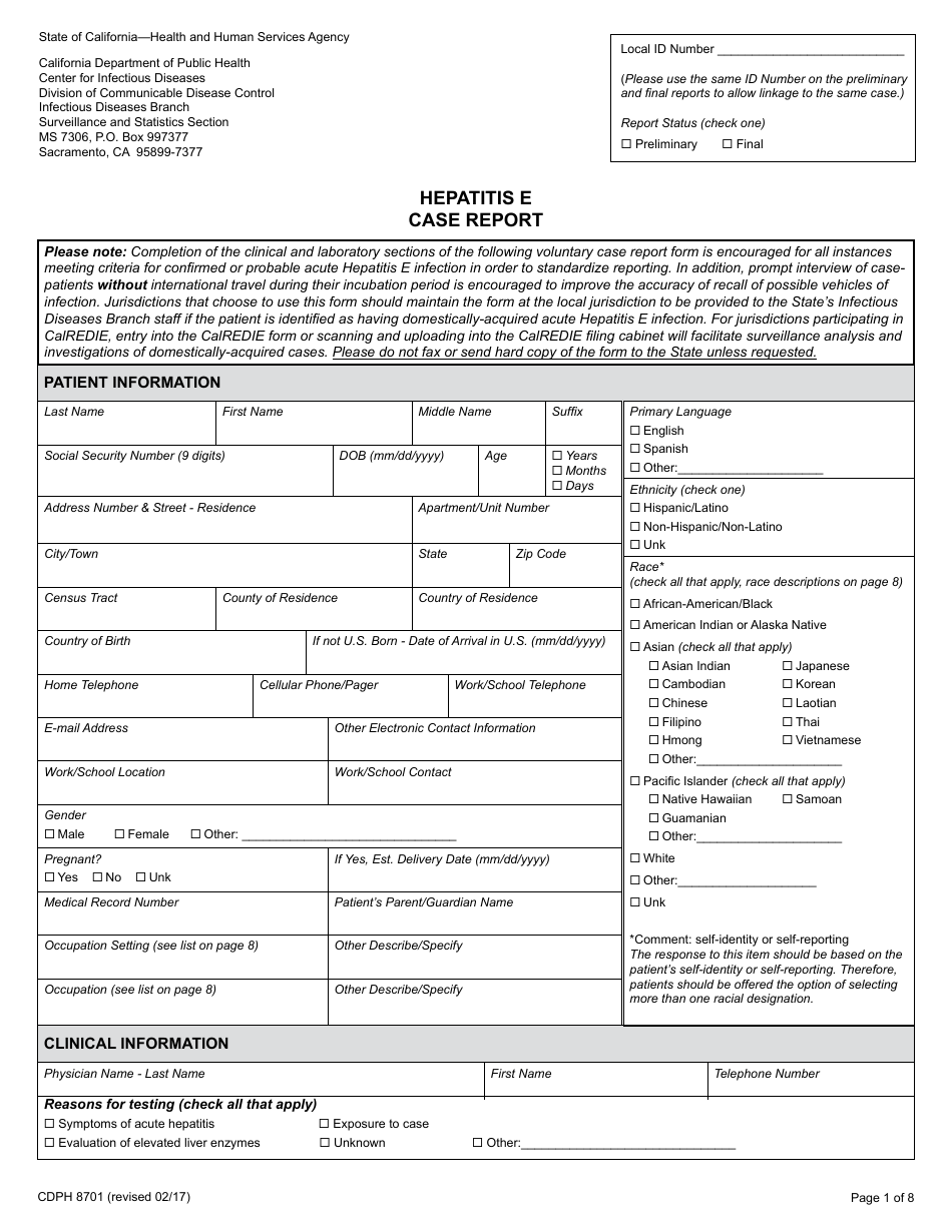 Form CDPH8701 Hepatitis E Case Report - California, Page 1