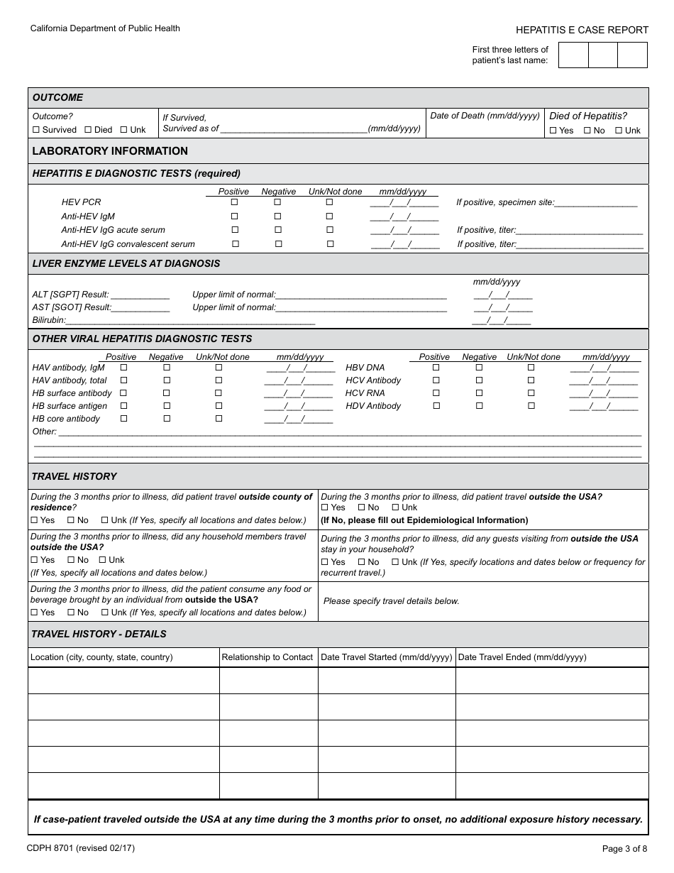 Form CDPH8701 Hepatitis E Case Report - California, Page 3