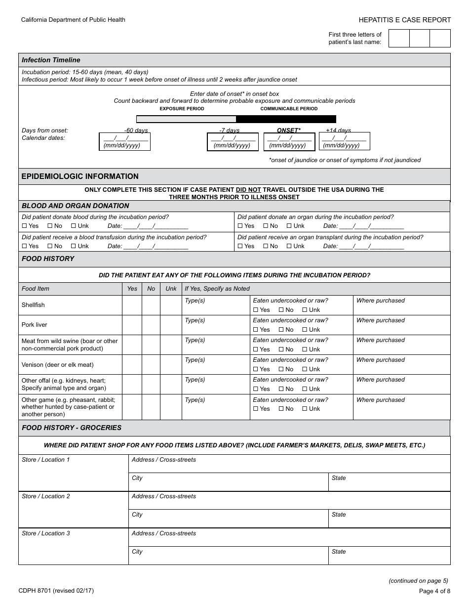 Form CDPH8701 Hepatitis E Case Report - California, Page 4