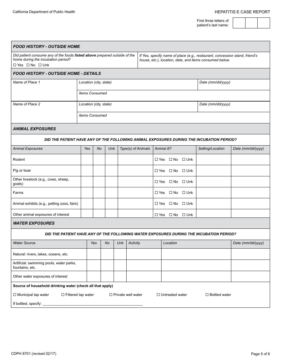 Form CDPH8701 Hepatitis E Case Report - California, Page 5