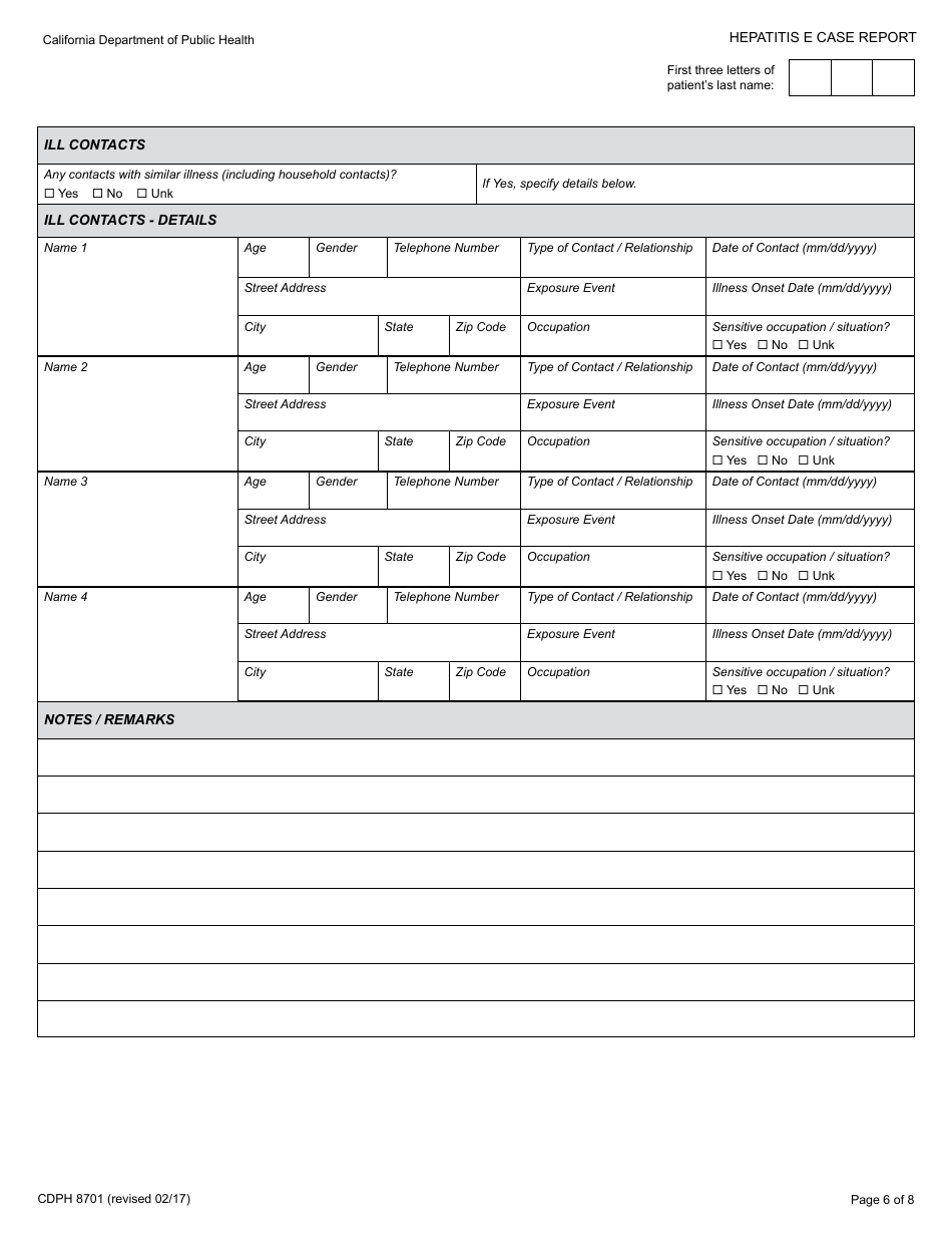 Form CDPH8701 Hepatitis E Case Report - California, Page 6