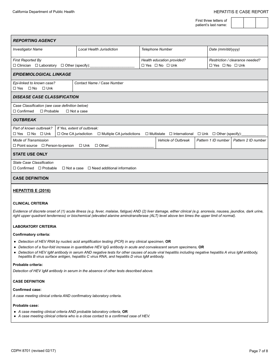 Form CDPH8701 Hepatitis E Case Report - California, Page 7
