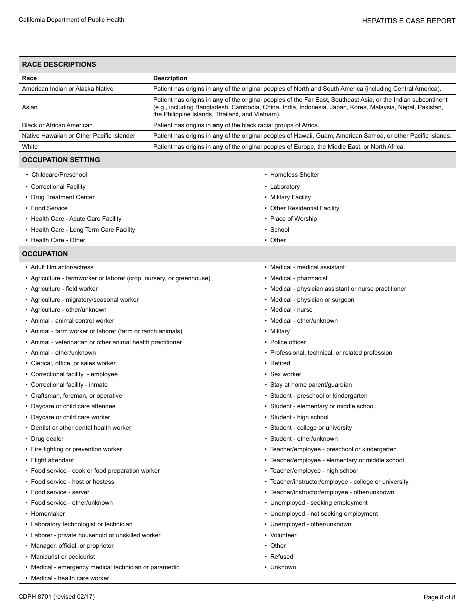 Form CDPH8701 Hepatitis E Case Report - California, Page 8
