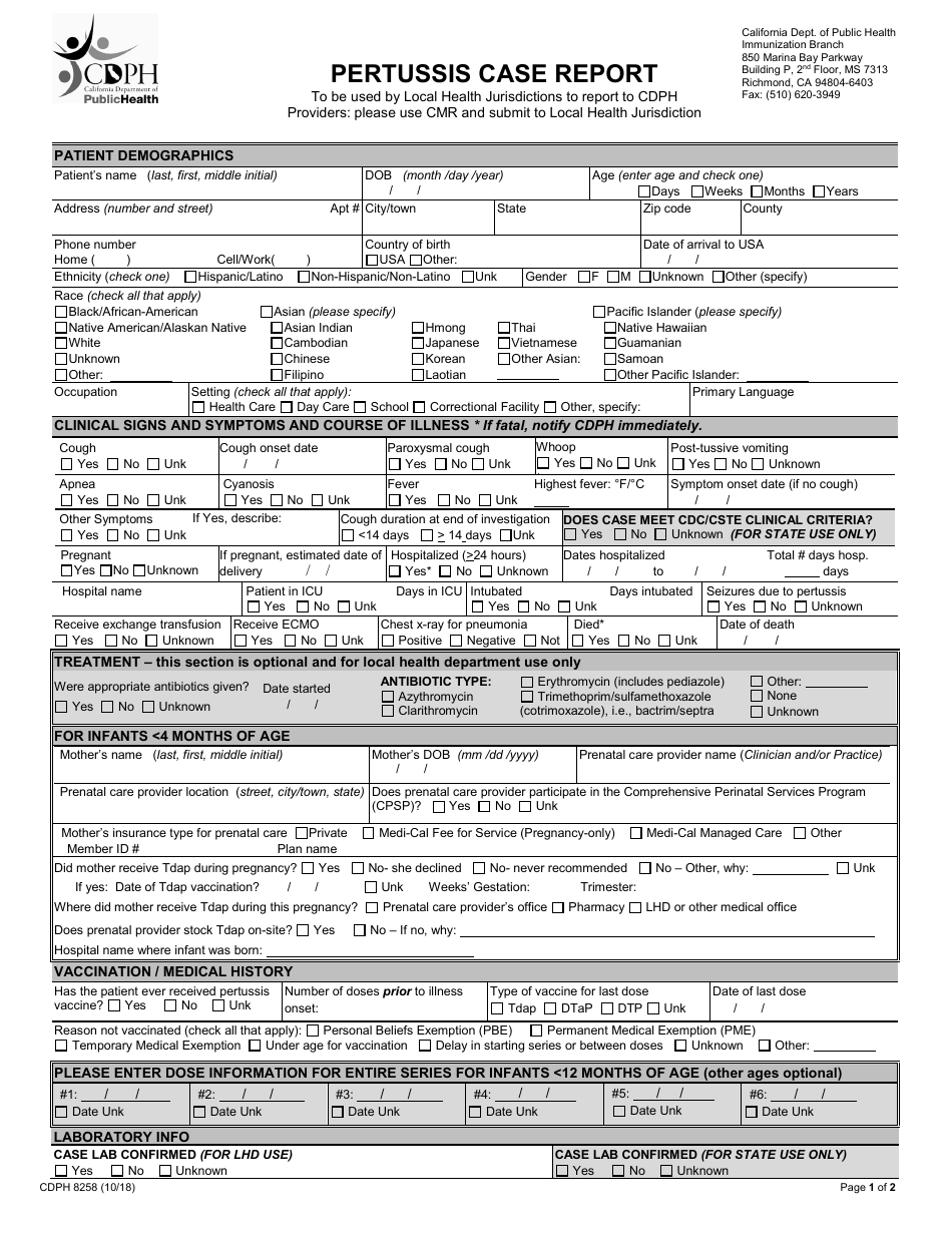 Form CDPH8258 Pertussis Case Report - California, Page 1