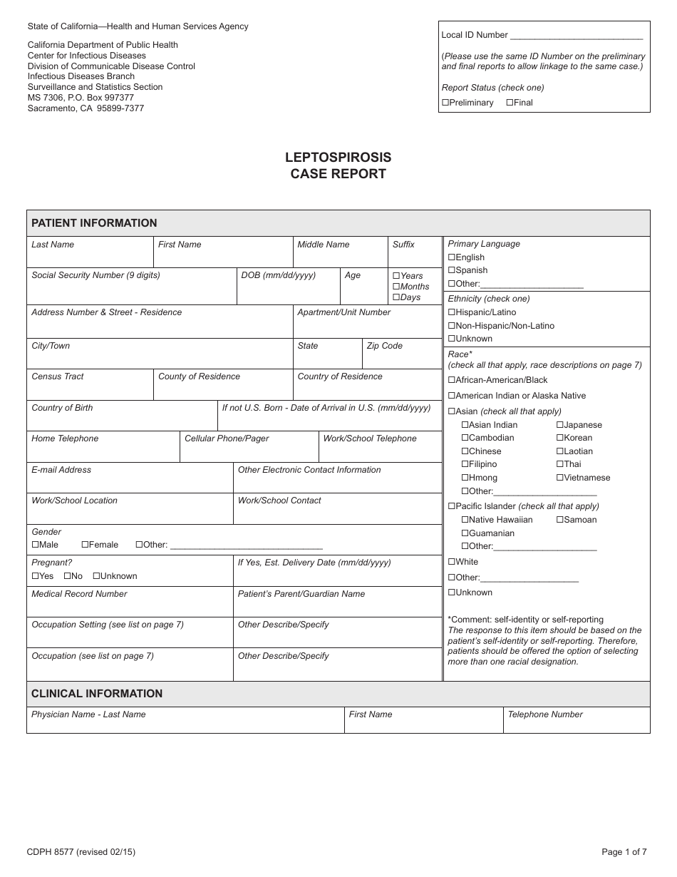 Form CDPH8577 Leptospirosis Case Report - California, Page 1