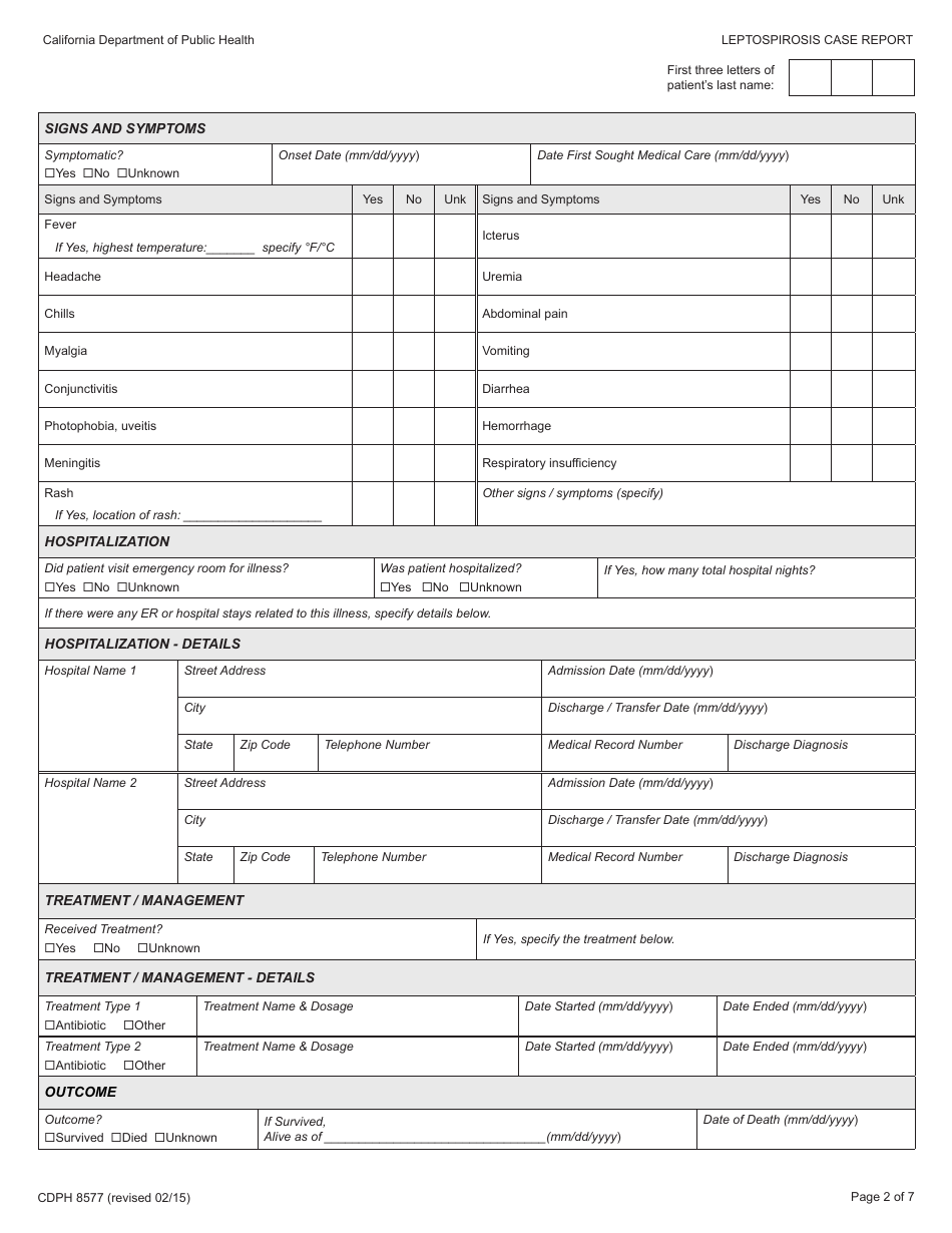 Form CDPH8577 Leptospirosis Case Report - California, Page 2