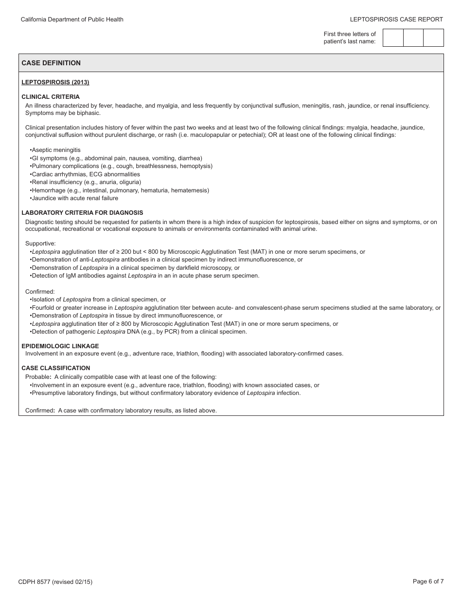 Form CDPH8577 Leptospirosis Case Report - California, Page 6