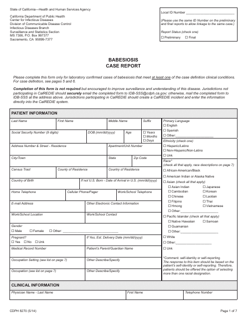 Form CDPH8270 Babesiosis Case Report - California