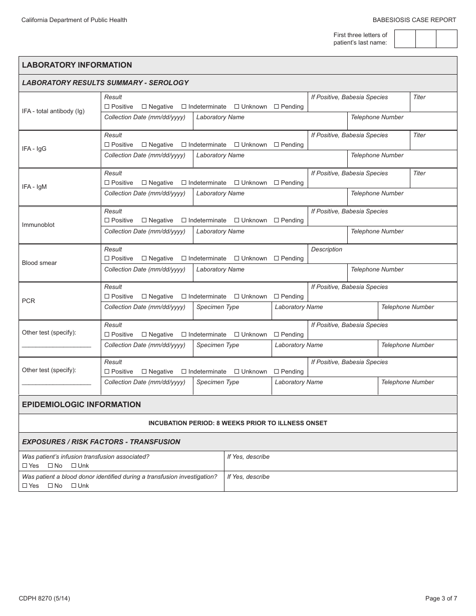 Form CDPH8270 Babesiosis Case Report - California, Page 3