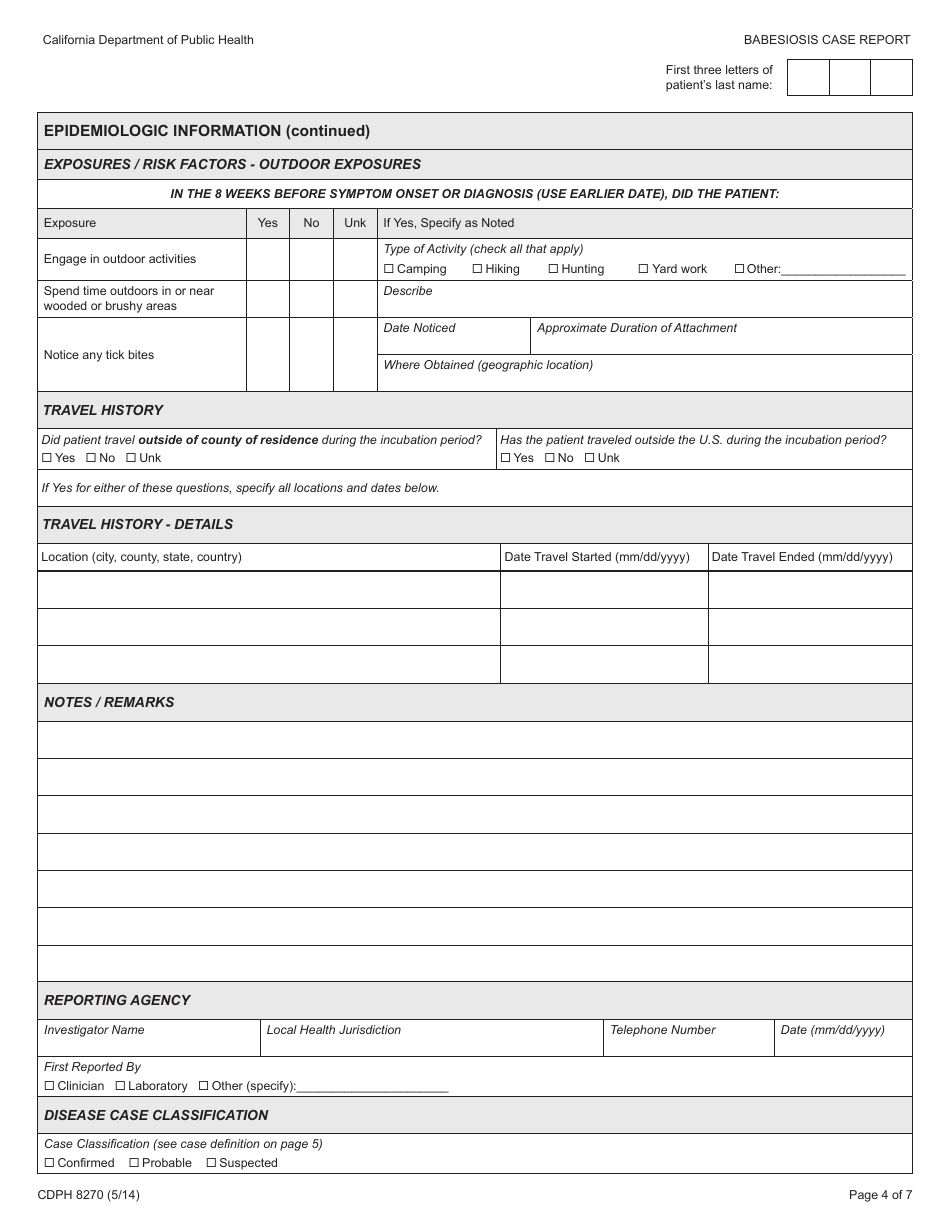 Form CDPH8270 Babesiosis Case Report - California, Page 4