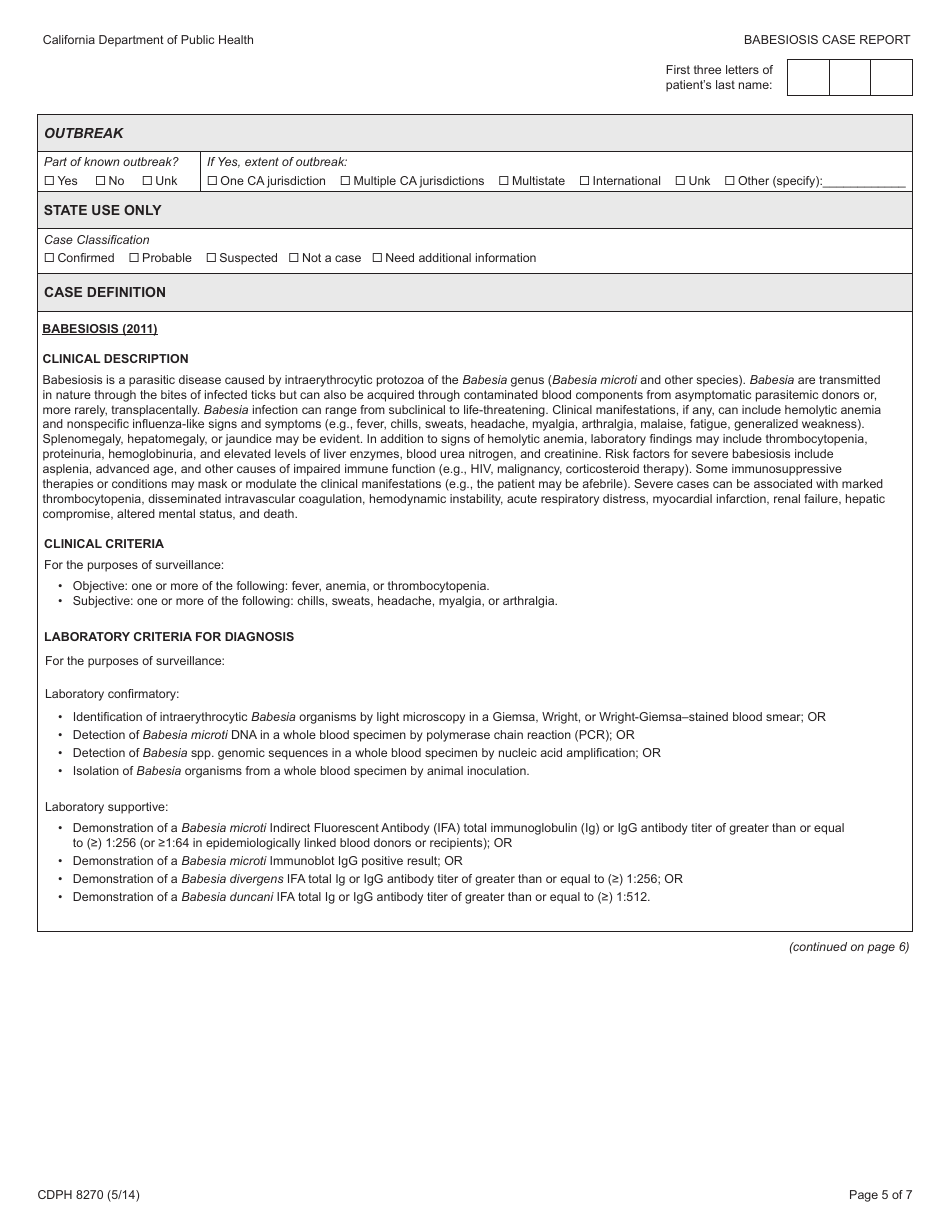 Form CDPH8270 Babesiosis Case Report - California, Page 5