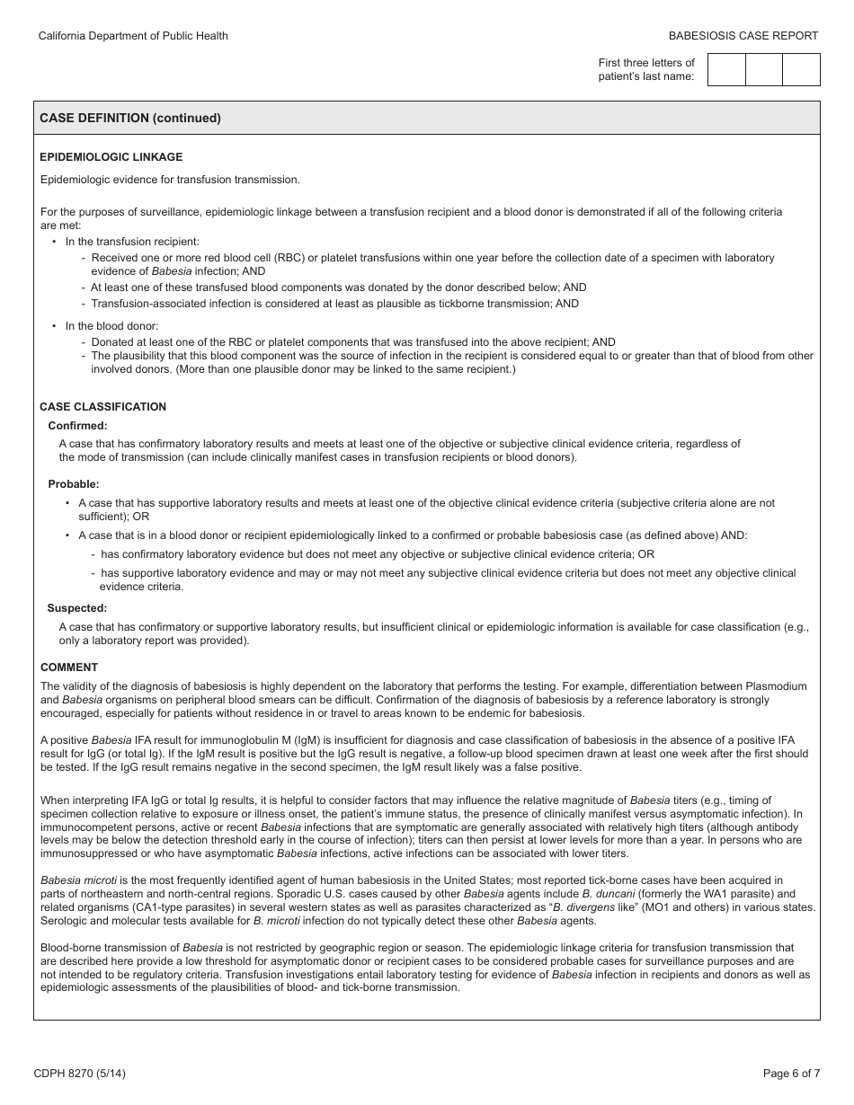 Form CDPH8270 Babesiosis Case Report - California, Page 6