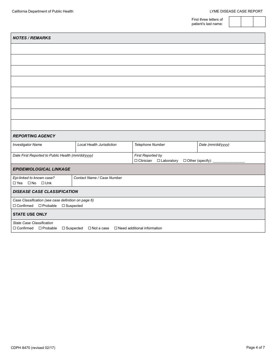 Form CDPH8470 Lyme Disease Case Report - California, Page 4