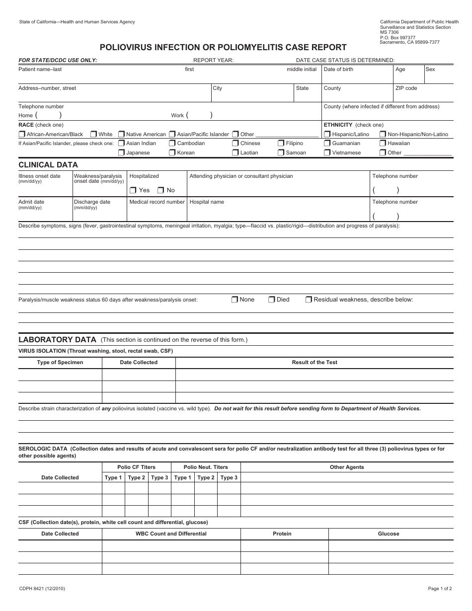 Form CDPH8421 Download Fillable PDF or Fill Online Poliovirus Infection ...