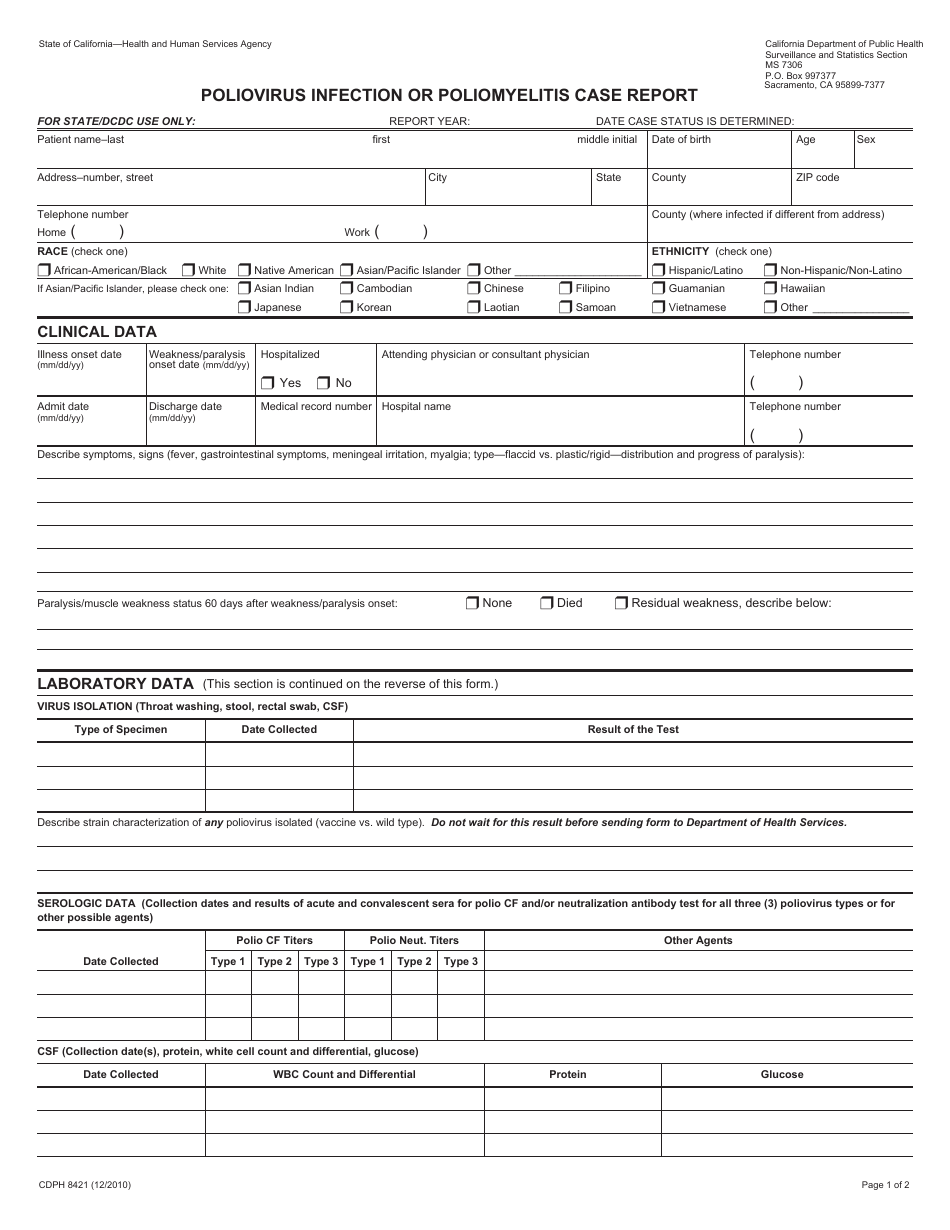 Form CDPH8421 Poliovirus Infection or Poliomyelitis Case Report - California, Page 1