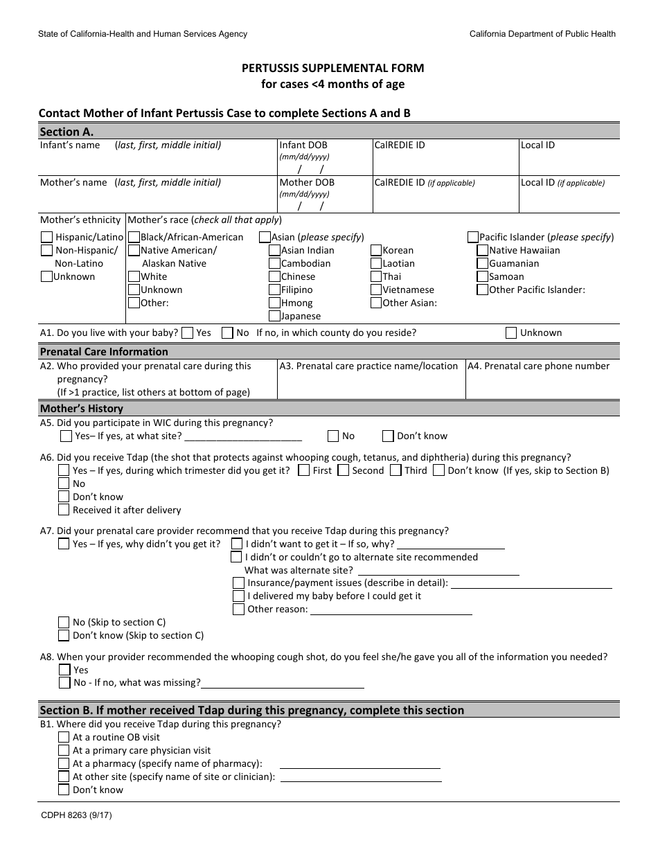 Form CDPH8263 Pertussis Supplemental Form for Cases 4 Months of Age - California, Page 1