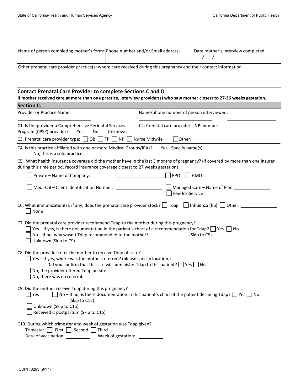 Form CDPH8263 Pertussis Supplemental Form for Cases 4 Months of Age - California, Page 2
