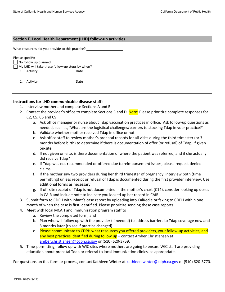 Form CDPH8263 Pertussis Supplemental Form for Cases 4 Months of Age - California, Page 4