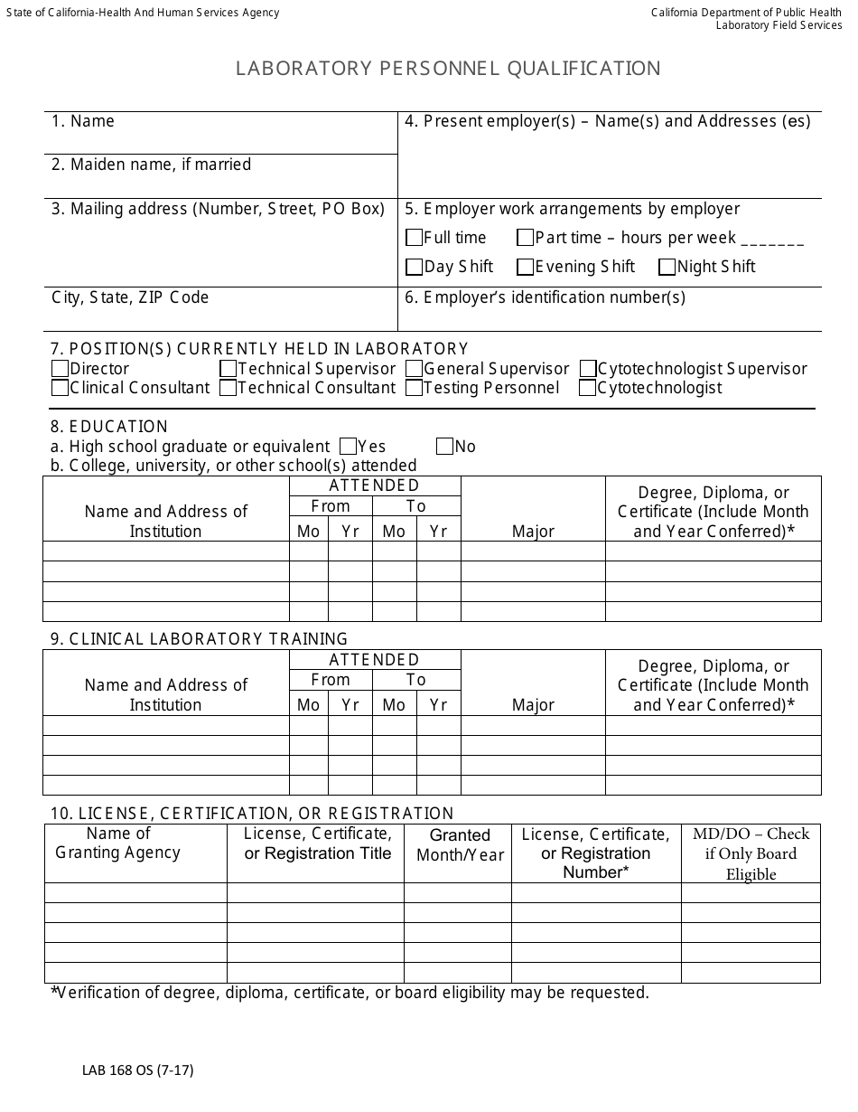 Form LAB168 OS Laboratory Personnel Qualification - California, Page 1