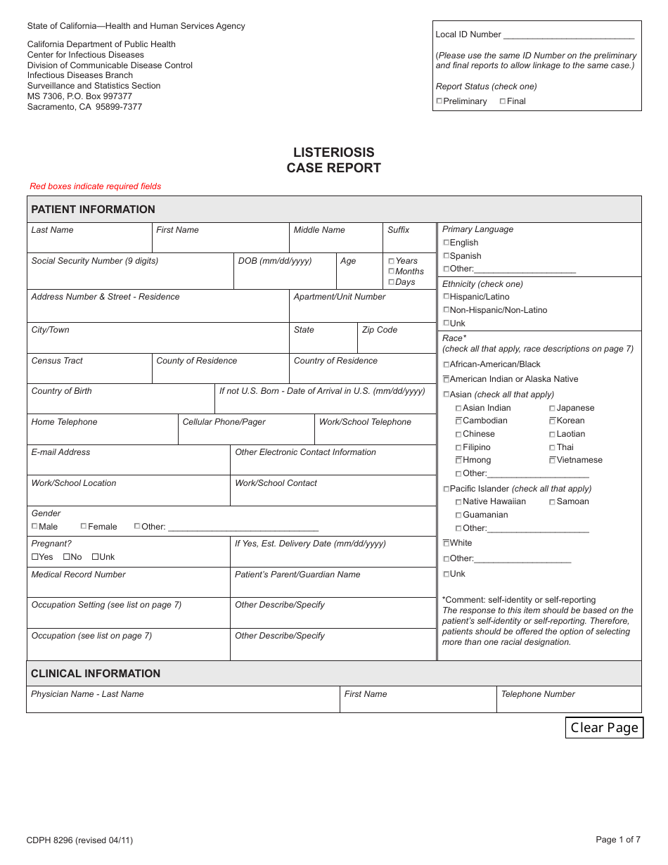 Form CDPH8296 Listeriosis Case Report - California, Page 1