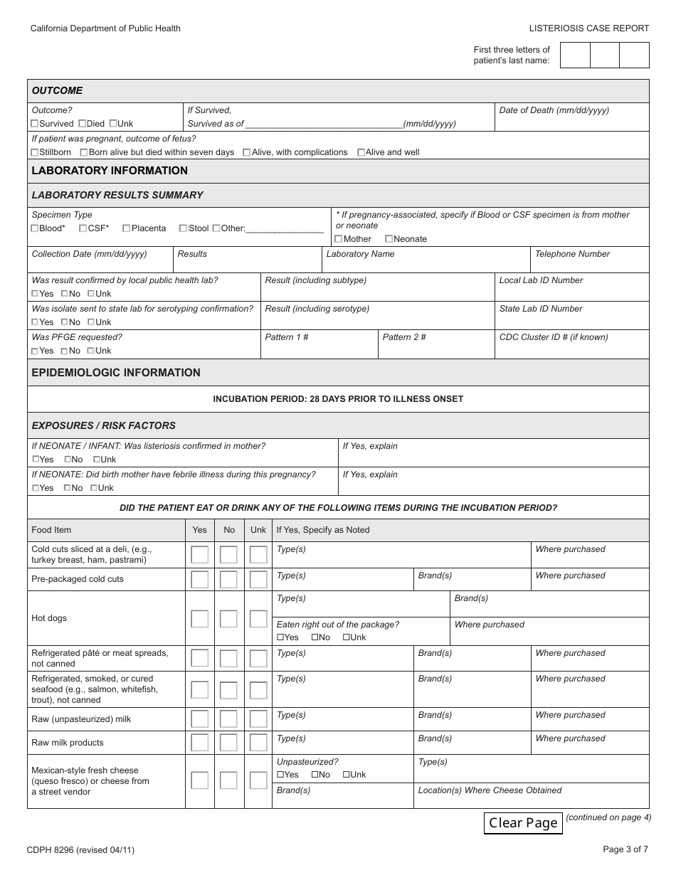 Form CDPH8296 Listeriosis Case Report - California, Page 3