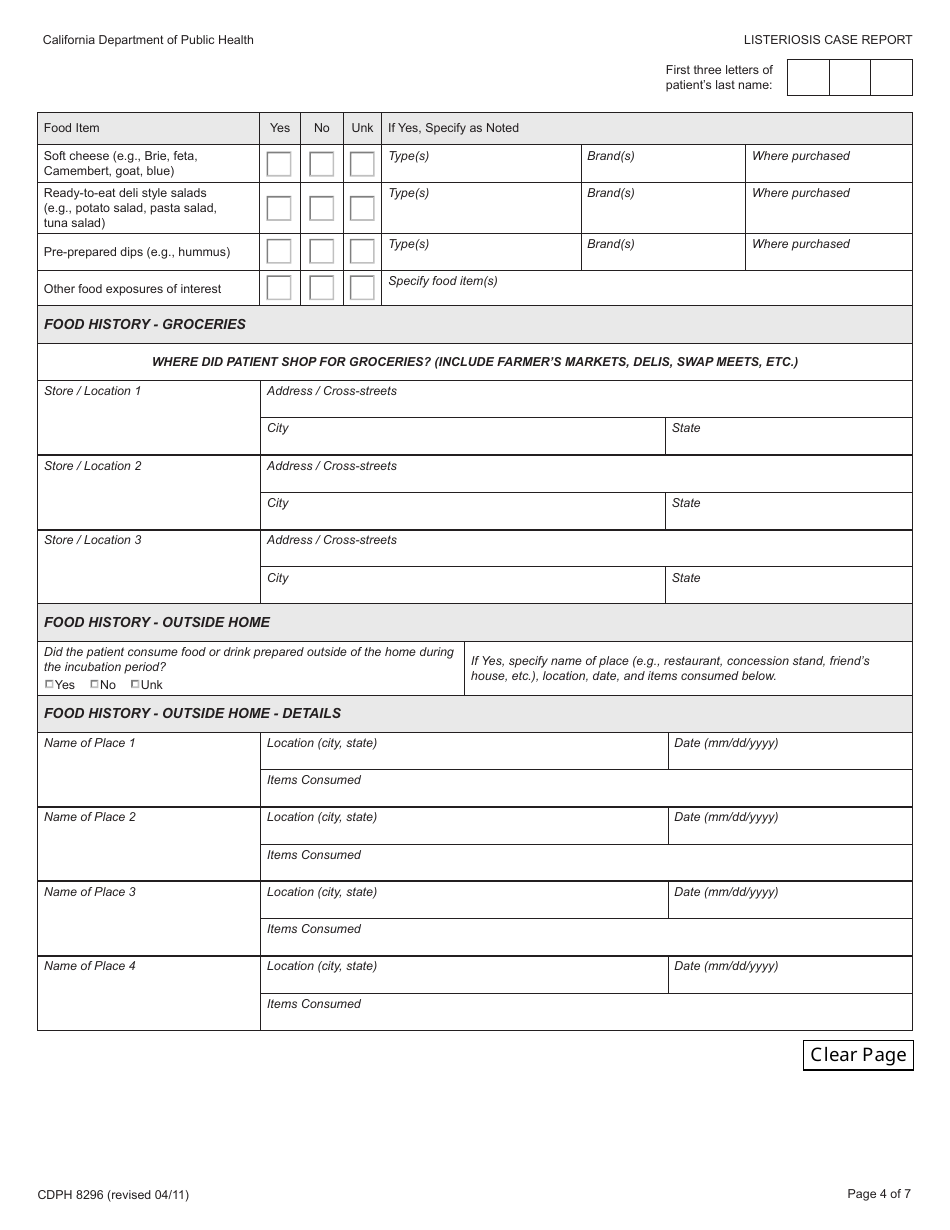 Form CDPH8296 Listeriosis Case Report - California, Page 4