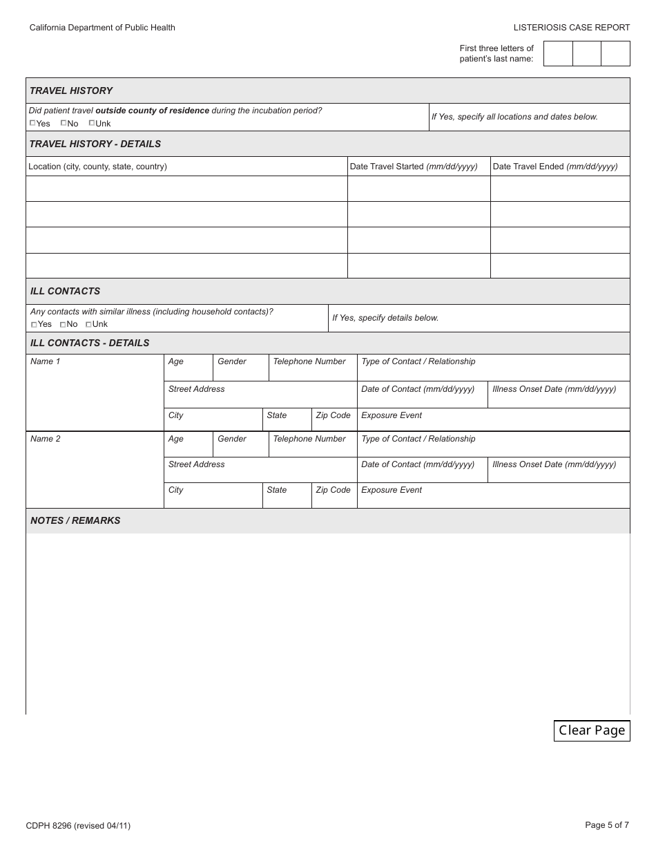 Form CDPH8296 Listeriosis Case Report - California, Page 5