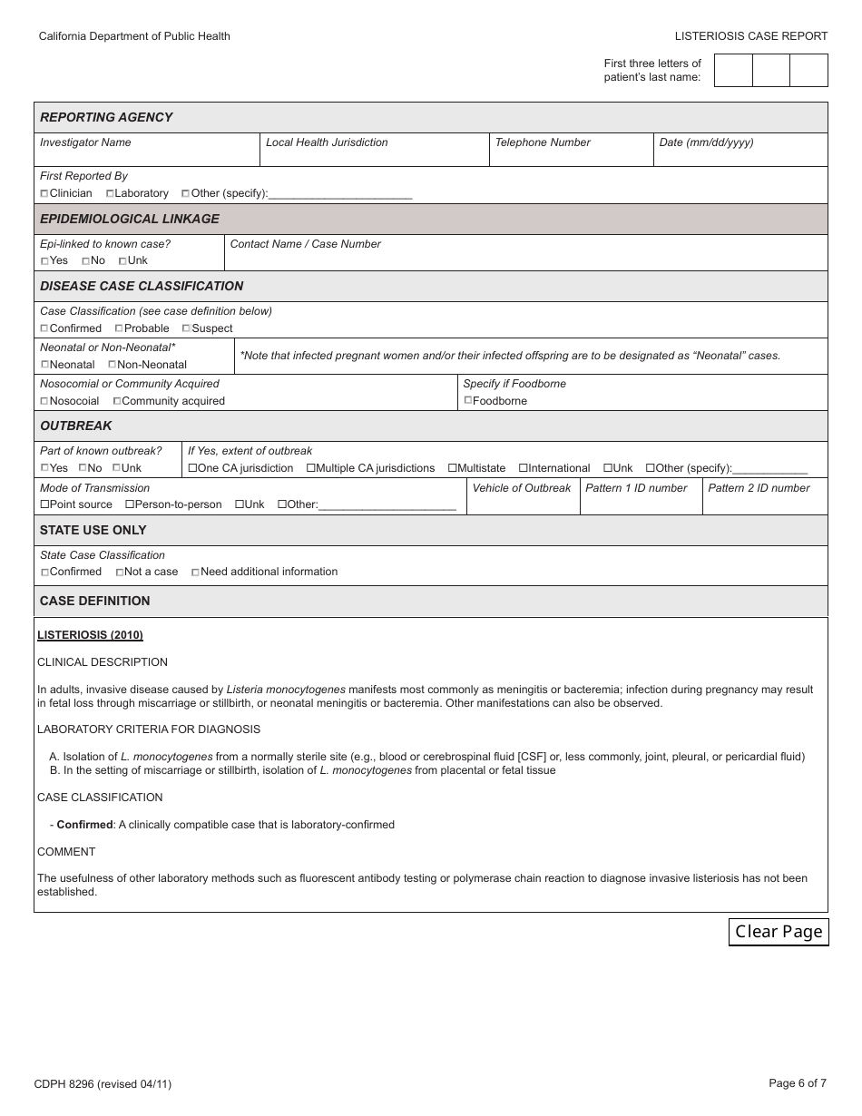 Form CDPH8296 Listeriosis Case Report - California, Page 6