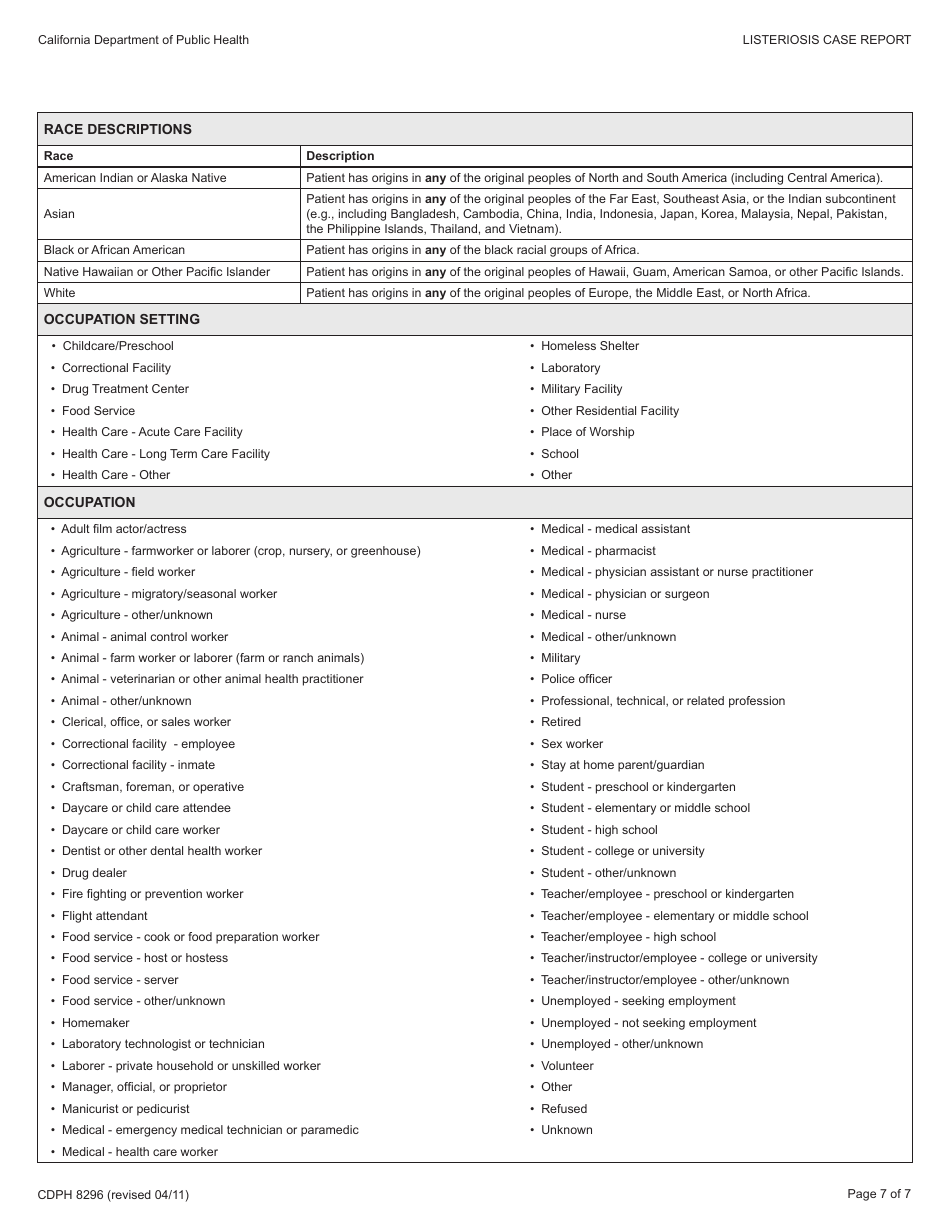 Form CDPH8296 Listeriosis Case Report - California, Page 7