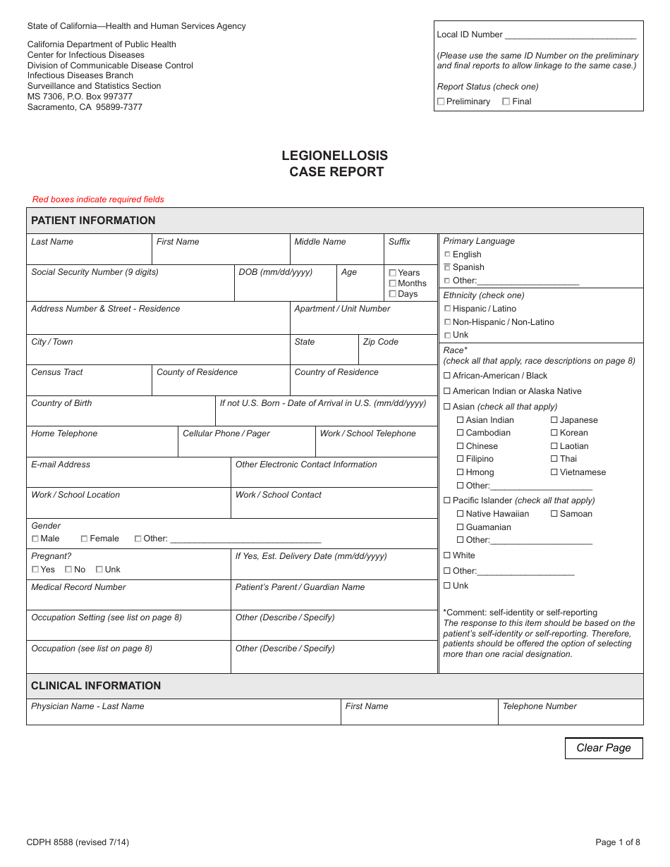 Form CDPH8588 Legionellosis Case Report - California, Page 1