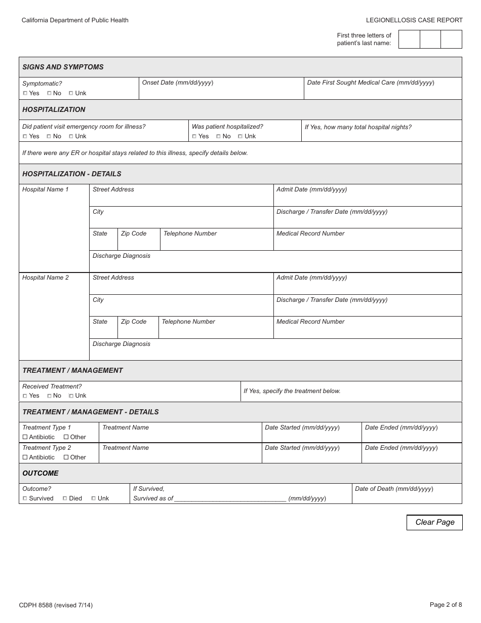 Form CDPH8588 Legionellosis Case Report - California, Page 2