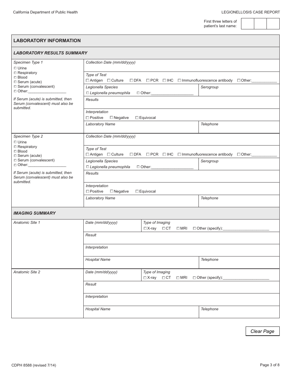 Form CDPH8588 Legionellosis Case Report - California, Page 3