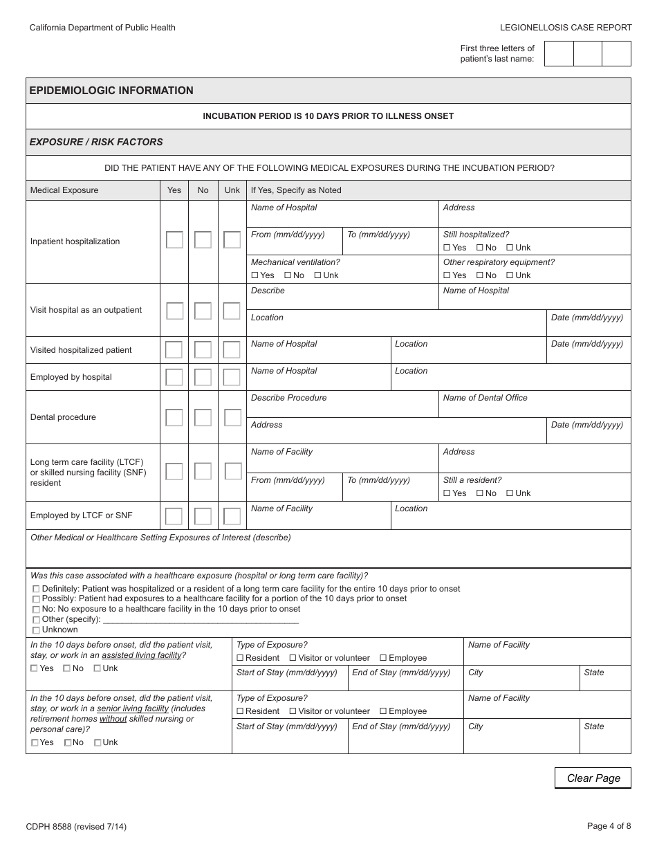 Form CDPH8588 Legionellosis Case Report - California, Page 4