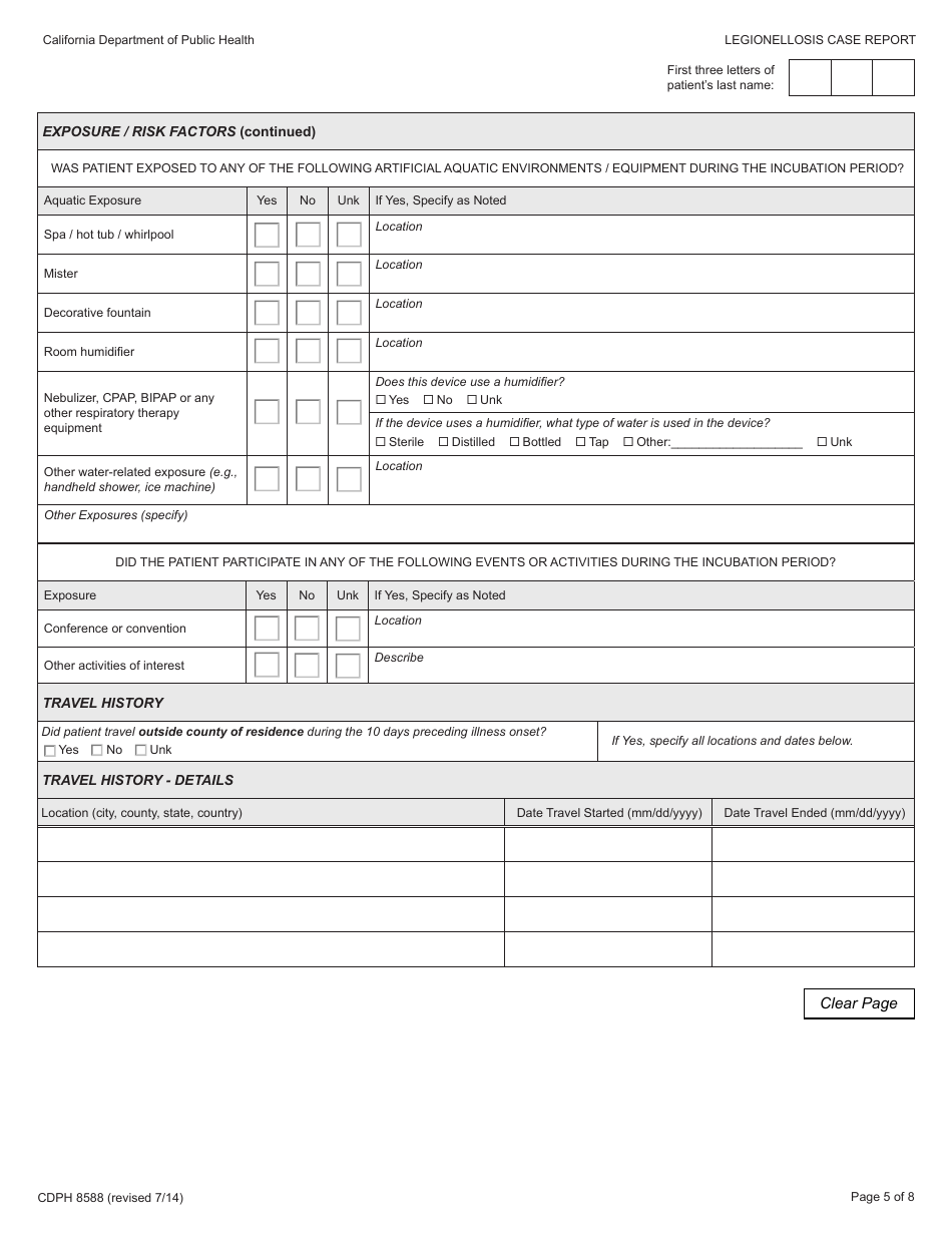 Form CDPH8588 Legionellosis Case Report - California, Page 5