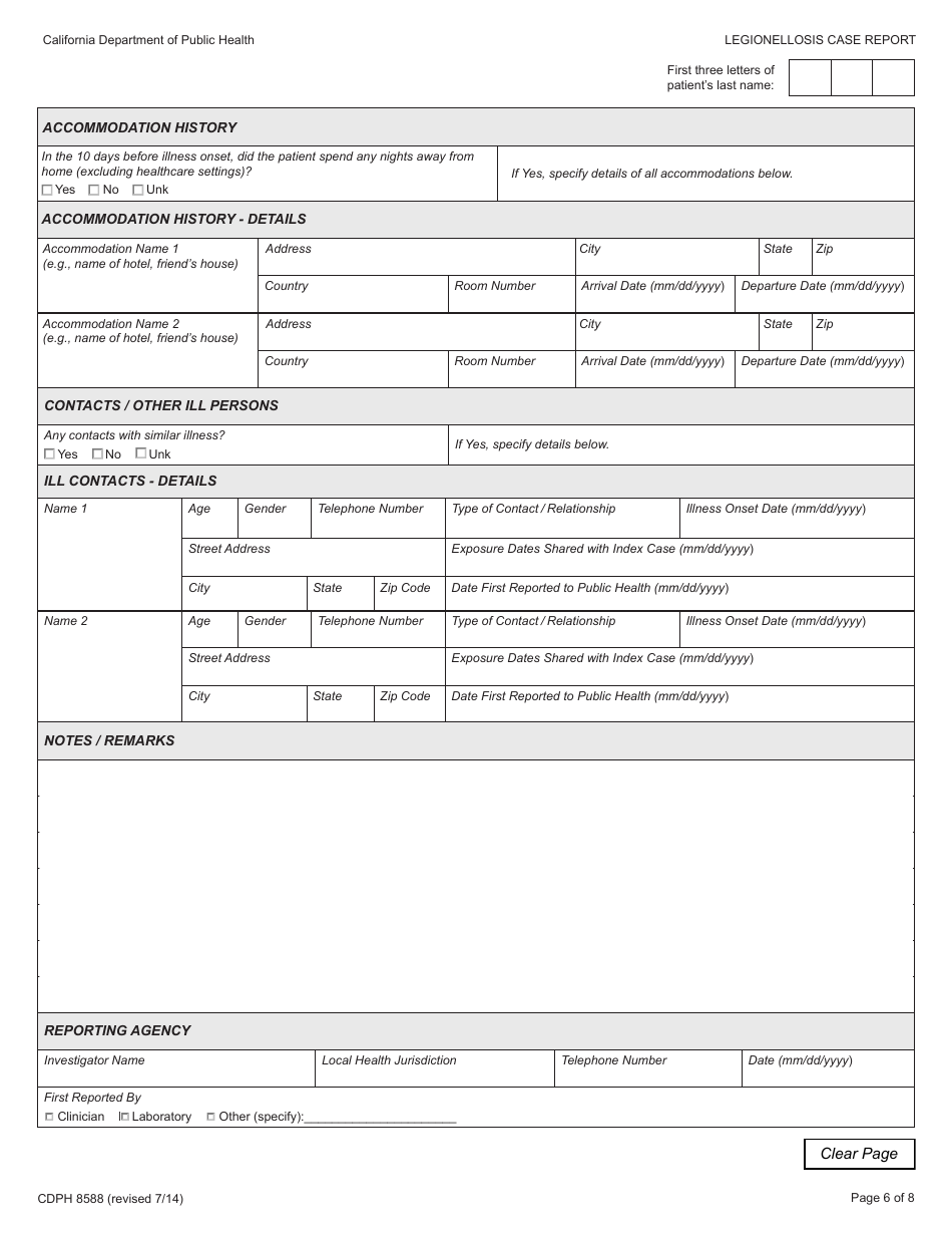 Form CDPH8588 Legionellosis Case Report - California, Page 6