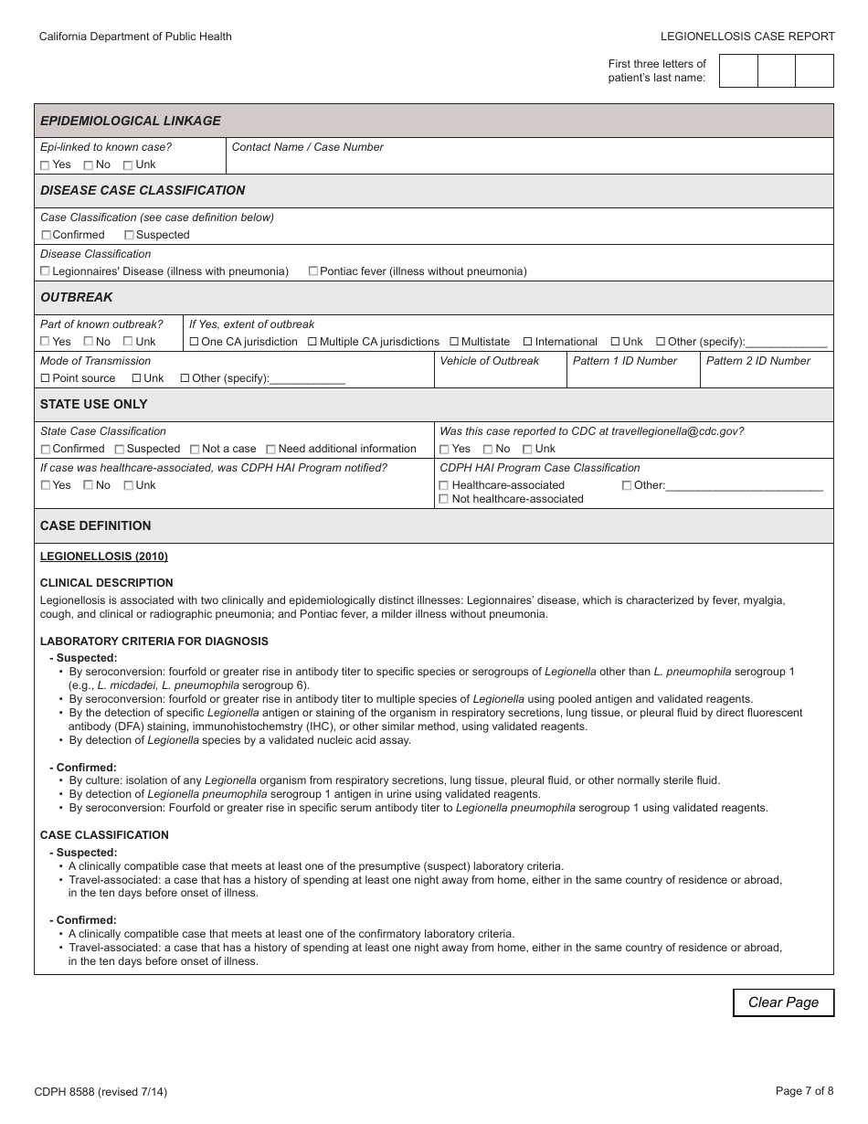 Form CDPH8588 Legionellosis Case Report - California, Page 7